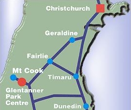 Map of Christchurch-Lake Tekapo-Mt. Cook