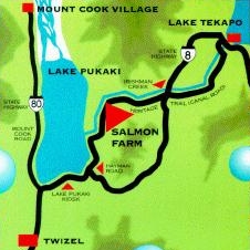 Map of the area of Lake Tekapo and Mount Cook